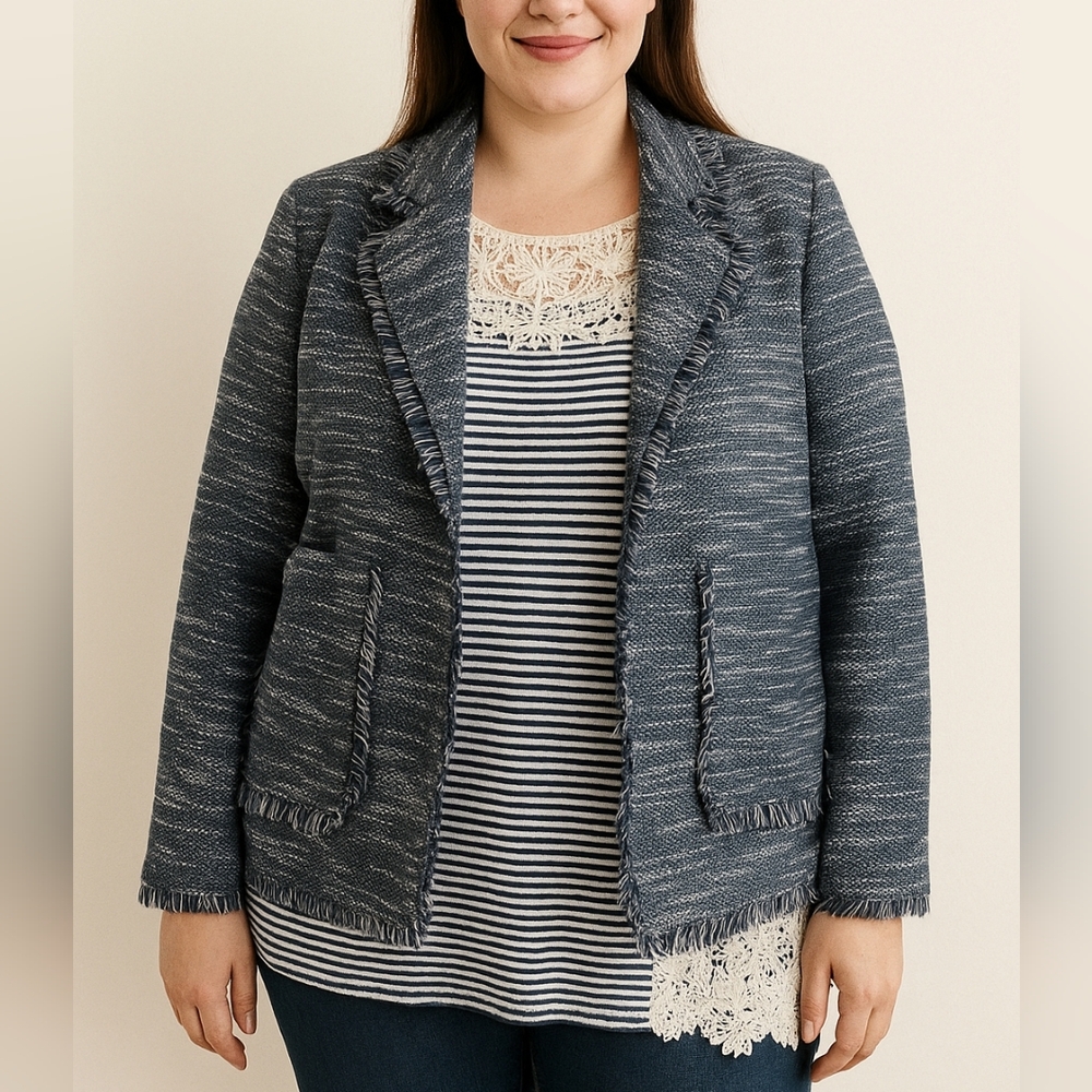 TOPSHOP BLUE TWEED CHUNKY KNIT OPEN FRIDGE BLAZER